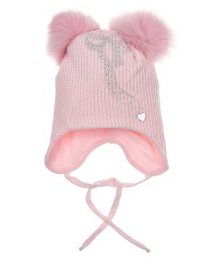Розовая шапка со стразами и двумя меховыми помпонами детская Il trenino