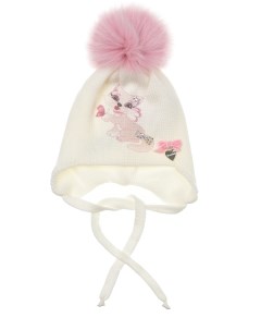 Белая шапка с розовым меховым помпоном и принтом котенок детская Il trenino