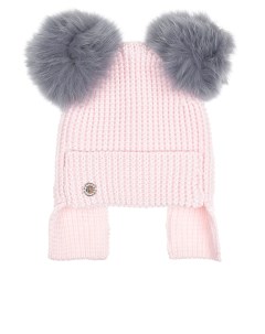 Розовая шапка с двумя серыми меховыми помпонами детская Joli bebe