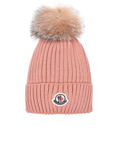 Розовая шапка с помпоном из меха лисы детская Moncler