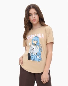 Бежевая футболка Straight с аниме принтом для девочки Gloria jeans