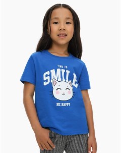 Синяя футболка с принтом Time To Smile для девочки Gloria jeans