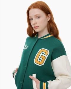 Тёмно зелёная куртка бомбер с колледж принтом для девочки Gloria jeans