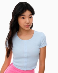 Светло синяя укороченная футболка в рубчик для девочки Gloria jeans
