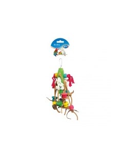Игрушка для птиц Подвеска деревянная с кожанными полосками и хлопком разноцветная 23см Duvo+