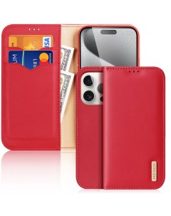 Чехол бумажник из натуральной кожи для iPhone 15 Pro Hivo series красный Dux ducis