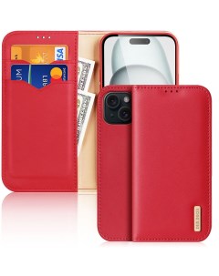 Чехол бумажник из натуральной кожи для iPhone 15 Hivo series красный Dux ducis