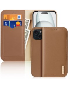 Чехол бумажник из натуральной кожи для iPhone 15 Hivo series коричневый Dux ducis