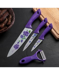 Набор кухонный 4 предмета 3 ножа 8 5 см 12 см 20 см овощечистка цвет фиолетовый Nobrand