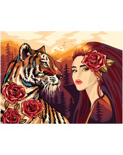 Картина по номерам на картоне Девушка с тигром 30 40 с акриловыми красками Три совы