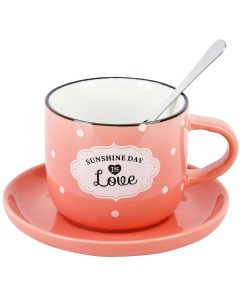 Чашка с блюдцем и ложкой Sunshine day 180 мл розовая фарфор Nouvelle