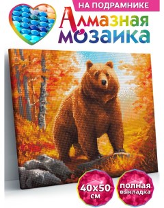 Алмазная мозаика по номерам Бурый медведь полная выкладка подрамник 40х50 Kiki