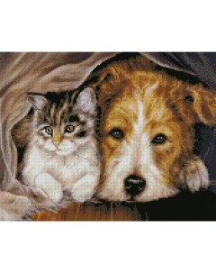 Алмазная мозаика Котик с собакой под одеялом 40х50 см Ripoma