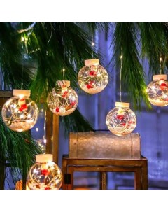Новогодняя гирлянда бахрома 10 LED с шарами Дед Мороз 3м тёплый белый Merry christmas