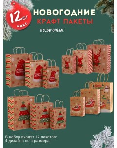 Набор подарочных новогодних пакетов Кара А Е к212 3 размера бумажный крафт с ручками 12шт Кара а. е.