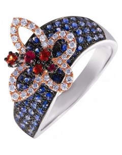 Кольцо Бабочка с сапфирами бриллиантами и рубинами из белого золота Джей ви