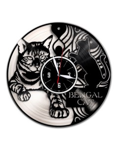 Часы из виниловой пластинки c VinylLab Бенгальский кот с серебряной подложкой (c) vinyllab