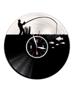 Часы из виниловой пластинки c VinylLab Рыбалка с серебряной подложкой (c) vinyllab