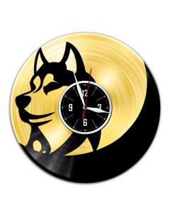 Часы из виниловой пластинки c VinylLab Хаски с золотой подложкой (c) vinyllab