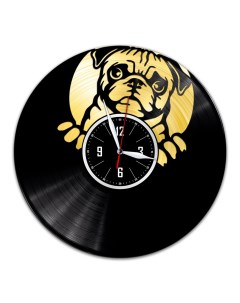 Часы из виниловой пластинки c VinylLab Мопс с золотой подложкой (c) vinyllab