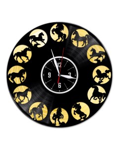 Часы из виниловой пластинки c VinylLab Кони с золотой подложкой (c) vinyllab