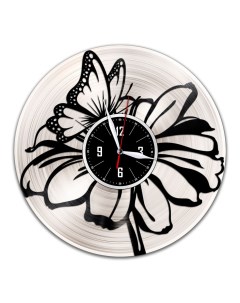 Часы из виниловой пластинки c VinylLab Бабочка на цветке с серебряной подложкой (c) vinyllab