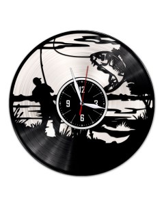 Часы из виниловой пластинки c VinylLab Рыбалка с серебряной подложкой (c) vinyllab