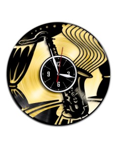 Часы из виниловой пластинки c VinylLab Саксофон с золотой подложкой (c) vinyllab