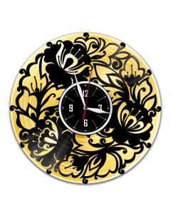 Часы из виниловой пластинки c VinylLab Цветы с золотой подложкой (c) vinyllab