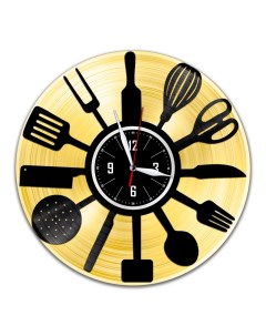 Часы из виниловой пластинки c VinylLab Кухня с золотой подложкой (c) vinyllab