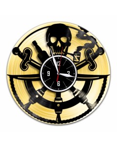 Часы из виниловой пластинки c VinylLab Пиратский штурвал с золотой подложкой (c) vinyllab