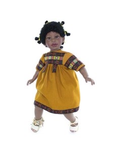 Кукла Алика чернокожая в горчичном платье с орнаментом P6006 60 см Lamagik