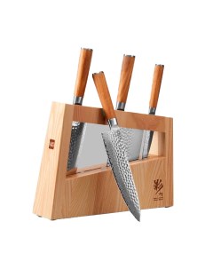 Набор кухонных ножей Huo Hou из дамасской стали 4 ножа подставка коричневый Huo huo