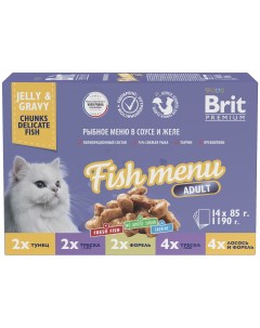 Влажный корм для кошек Premium Рыбное меню в соусе и желе 14 шт по 85 г Brit*