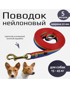 Поводок для собак с золотистым карабином разноцветный нейлон 5 м х 20 мм Хвостатыч
