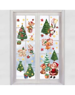 Новогодние наклейки на окна и стены Дед Мороз и животные 46 стикеров Verol