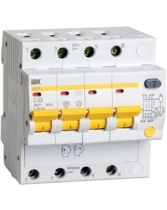 Дифференциальный автоматический выключатель четырёхполюсный АД14 6А 10мА тип AC Iek