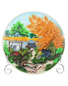 Декоративная тарелка панно Рыбалка Улов из керамики Russia the great