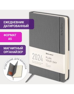 Ежедневник датированный 2024 А5 138x213 мм Flap органайзер серый Brauberg