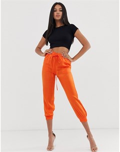 Оранжевые атласные брюки с манжетами и шнурком на талии Koco & k