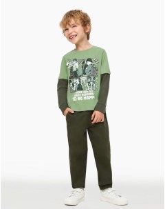Зелёный лонгслив с аниме принтом и двойными рукавами для мальчика Gloria jeans