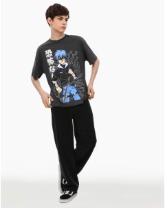 Тёмно серая футболка oversize с аниме принтом для мальчика Gloria jeans