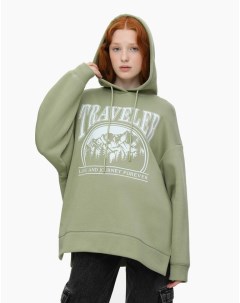 Оливковое oversize худи с принтом Traveler для девочки Gloria jeans