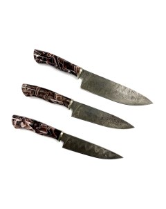 Набор кухонных дамасских ножей 3 предмета в кожаном панно Петров