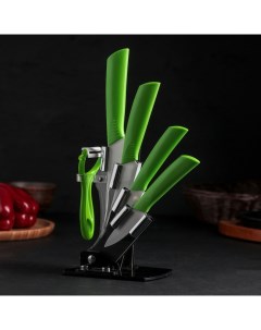 На подставке 5 предметов ножи овощечистка зеленый Nobrand