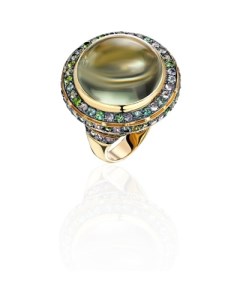 Кольцо с россыпью цветных и драгоценных камней из жёлтого золота Эстет