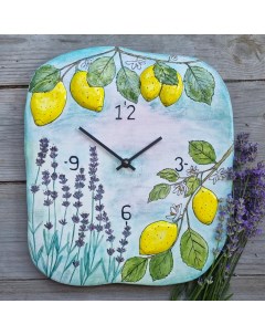 Настенные часы ручной работы Лимоны и лаванда Irina volvach art ceramics