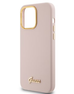 Чехол для iPhone 15 Pro силиконовый Soft touch Gold metal logo розовый Guess
