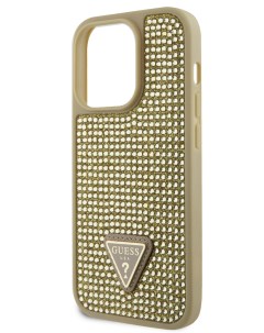 Чехол для iPhone 15 Pro со стразами Triangle metal logo золотой Guess