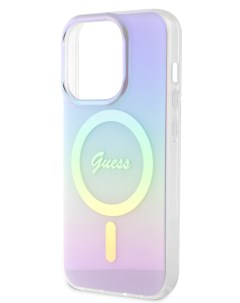 Чехол для iPhone 15 Pro Max с MagSafe Script printed logo радужный фиолетовый Guess